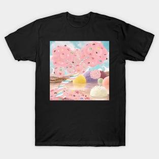 Candy land fantasy background. Sweets world landscape. Marshmallow tree, chocolate milk river, ice cream islands T-Shirt